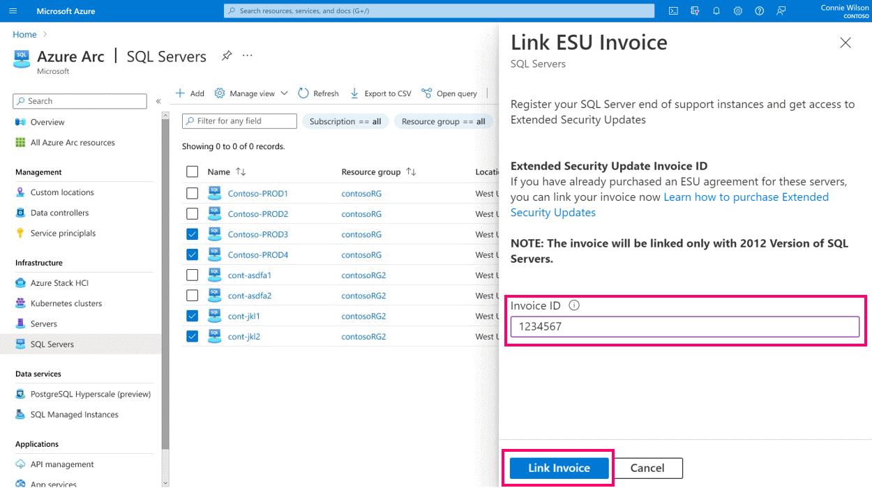 [ESU 請求書のリンク] ページの請求書 ID のスクリーンショット。