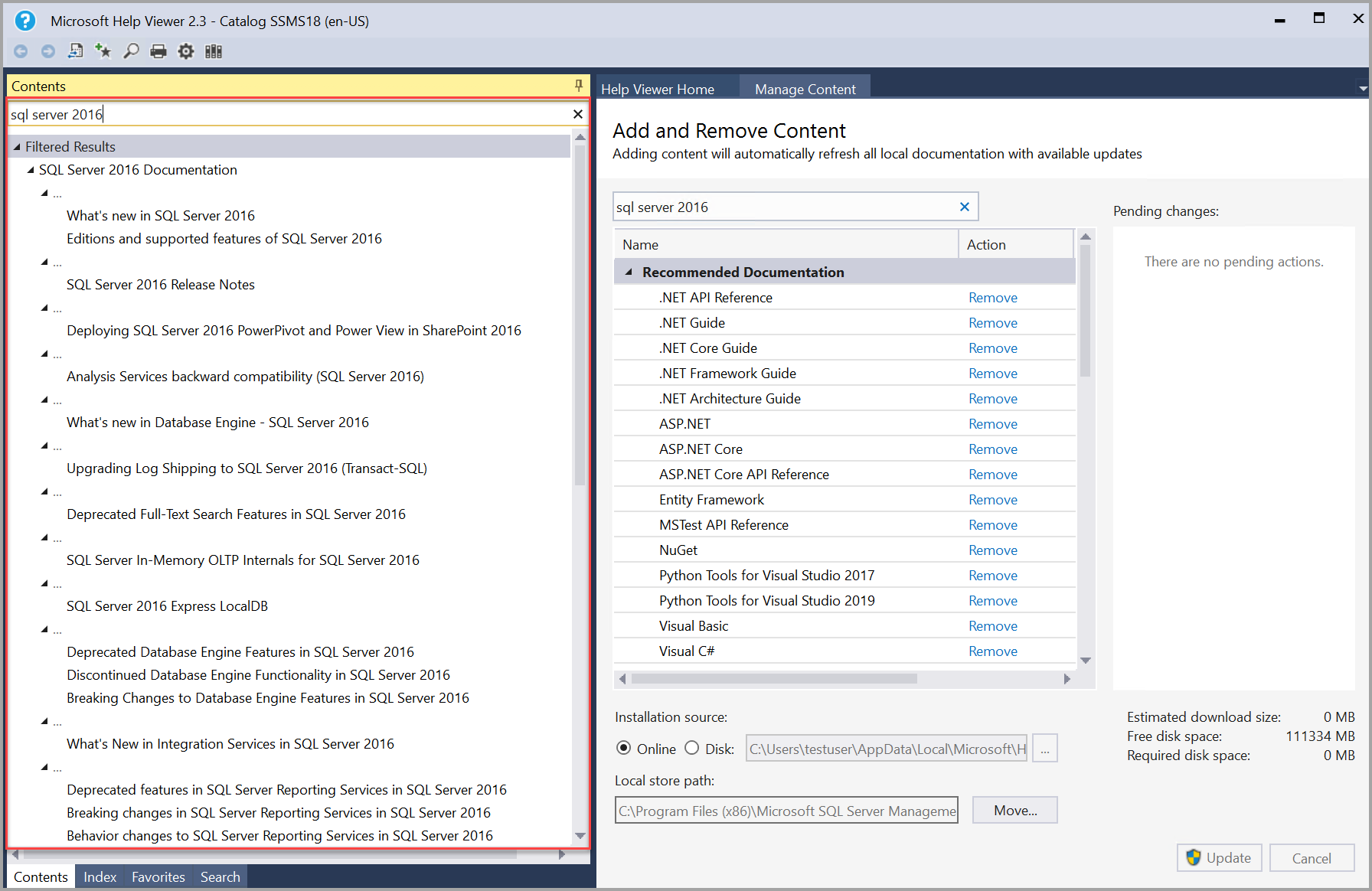 自動的に更新された SQL Server 2016 ドキュメントのスクリーンショット。