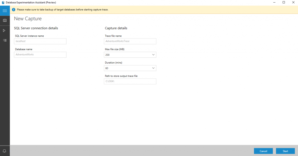 トレース キャプチャの入力画面のスクリーンショット。
