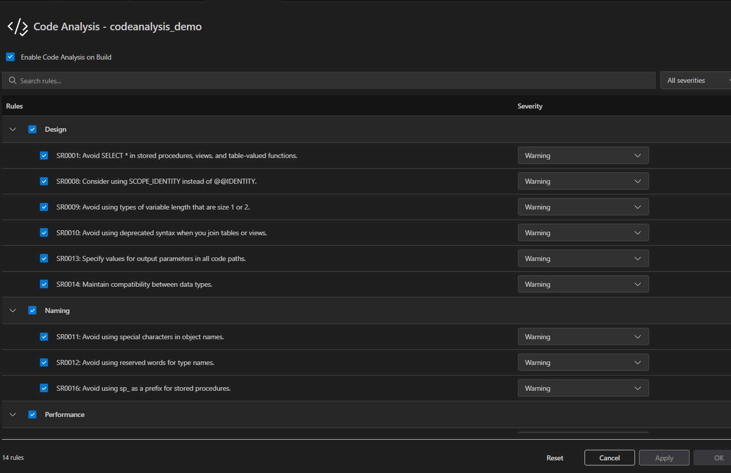 Visual Studio Code のコード分析設定ダイアログのスクリーンショットで、カテゴリごとにグループ化されたルールのリストを示しています。