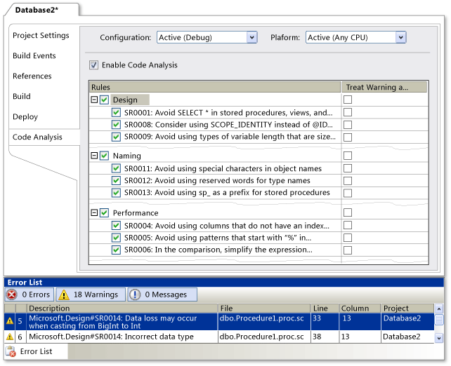 コード分析ルールの SQL Server Data Tools プロジェクト設定のスクリーンショット。