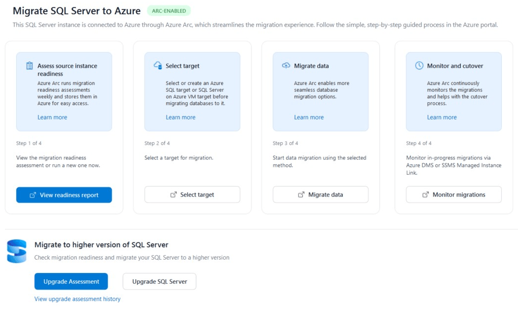 Azure Arc によって有効化された SQL Server インスタンスの移行オプションを示す「移行」タブのスクリーンショット