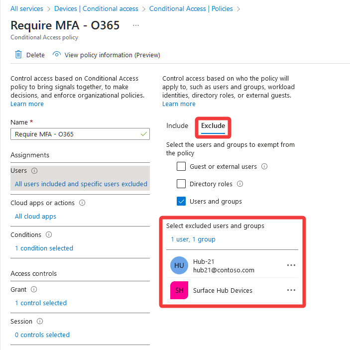 条件付きアクセス ポリシーから Surface Hub デバイス アカウントを除外する方法を示す画像。