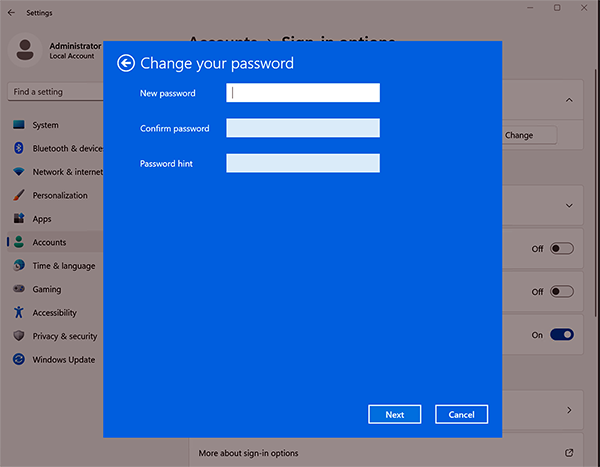 パスワードの変更を示すスクリーンショット。
