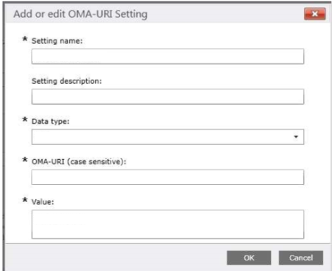 空白の OMA-URI 設定ダイアログ ボックスのスクリーンショット。