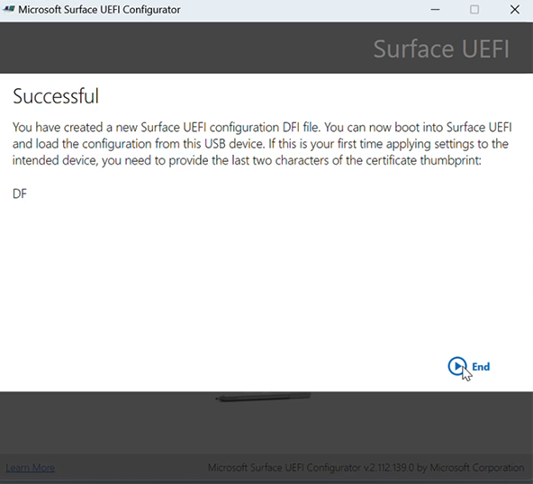 UEFI コンフィギュレーターの完了を示すスクリーンショット