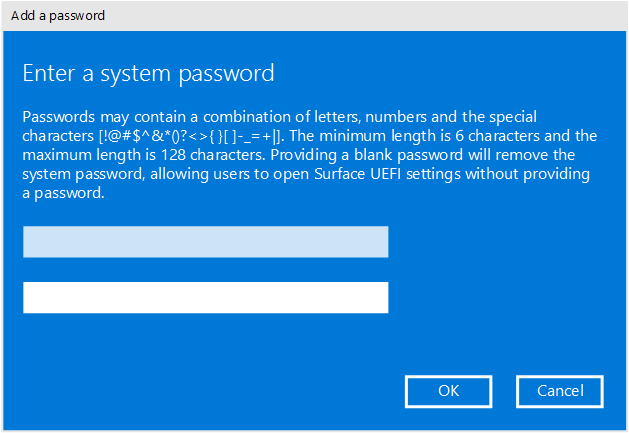 Surface UEFI 設定を保護するためのパスワードを追加します。