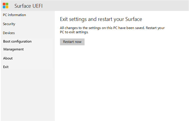 Surface UEFI を終了し、デバイスを再起動します。