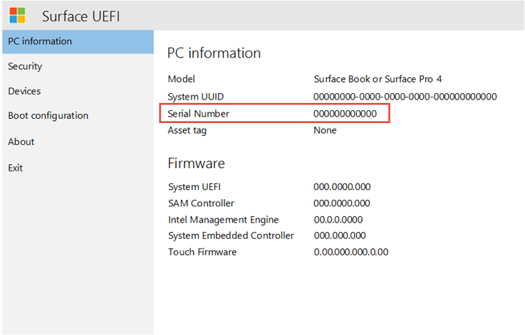 Surface デバイスのシリアル番号が表示されます。