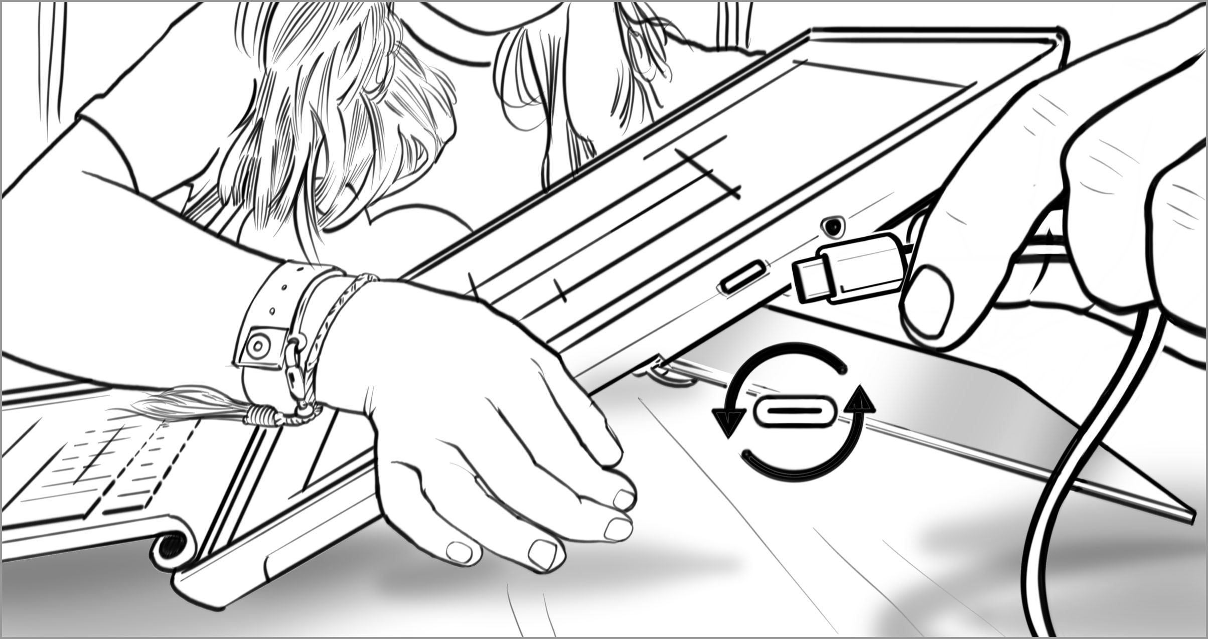 女性は、ポートが彼女から離れて向いているにもかかわらず、彼女のラップトップに充電ケーブルを接続し、彼女は本当にそれを見ることができない。図は、コネクタが対称であり、両側を上にして接続できることを示しています。