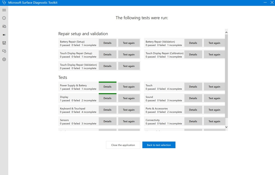 Surface Diagnostic Toolkit の診断ワークフロー画面
