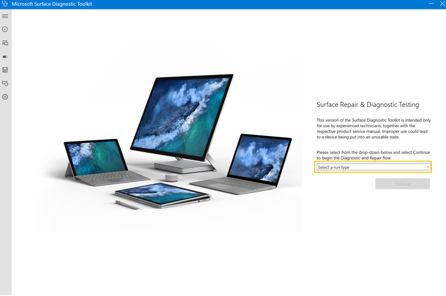 Surface Diagnostic Toolkit の [ようこそ] 画面が表示され、実行の種類を選択して次の手順に進みます。
