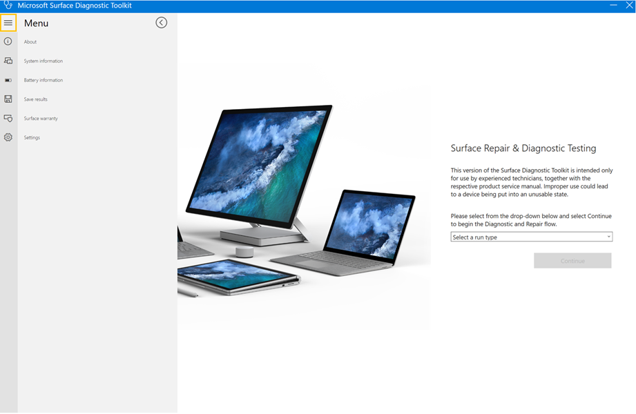[ハンバーガー] メニューを選択すると、その他の Surface Toolkit セクションが表示されます。