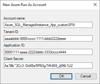 新しい Azure 実行アカウントの作成を示すスクリーンショット。