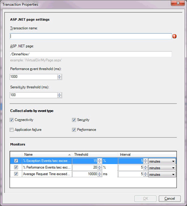 Web ページ ASP.NET サーバー側トランザクション プロパティのスクリーンショット。
