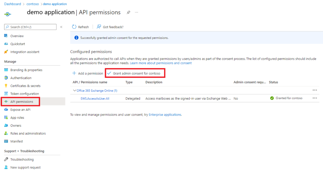 API のアクセス許可のスクリーンショット。