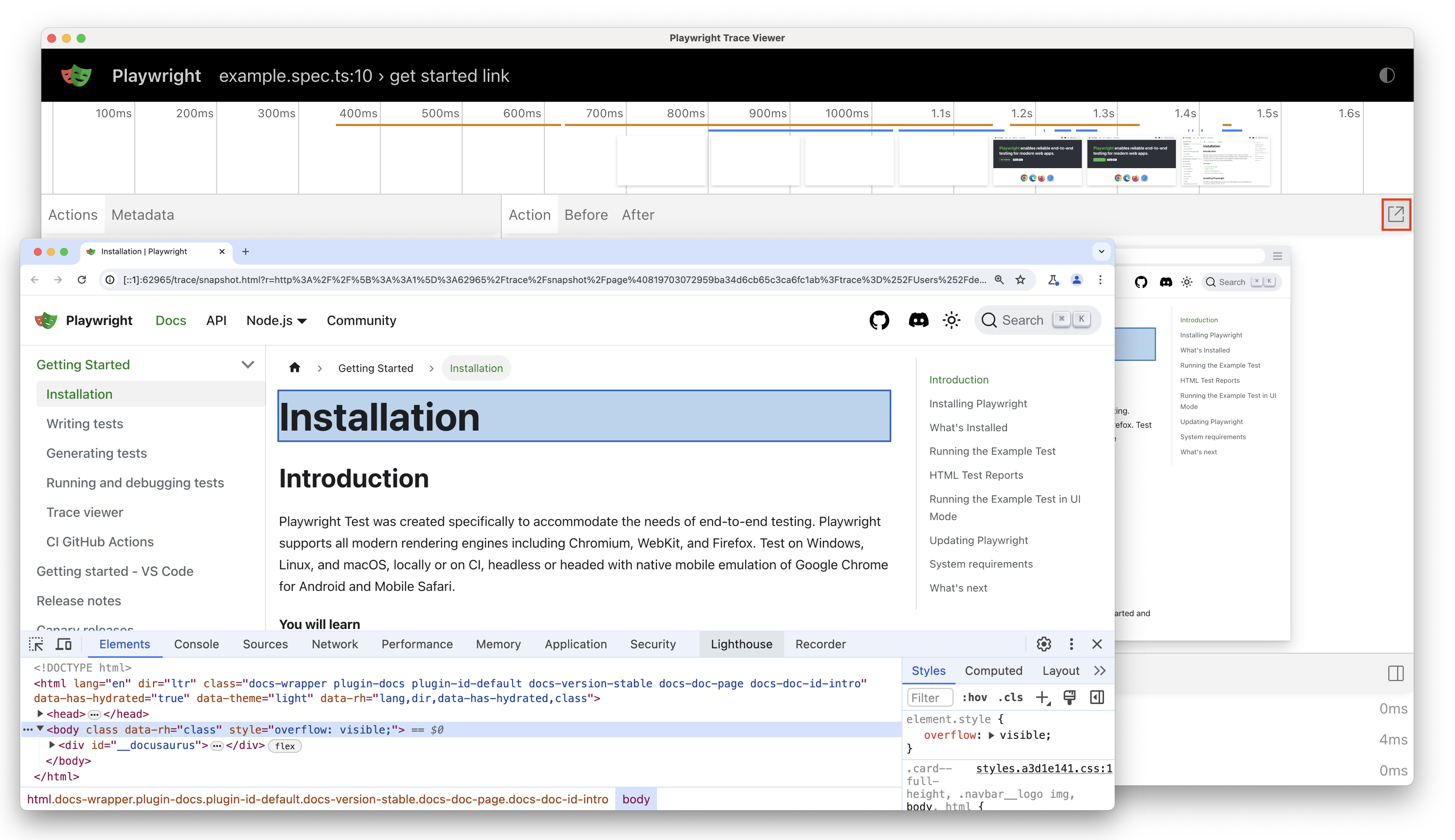 テストのデバッグ中に DOM スナップショットを検査する方法を示すスクリーンショット。