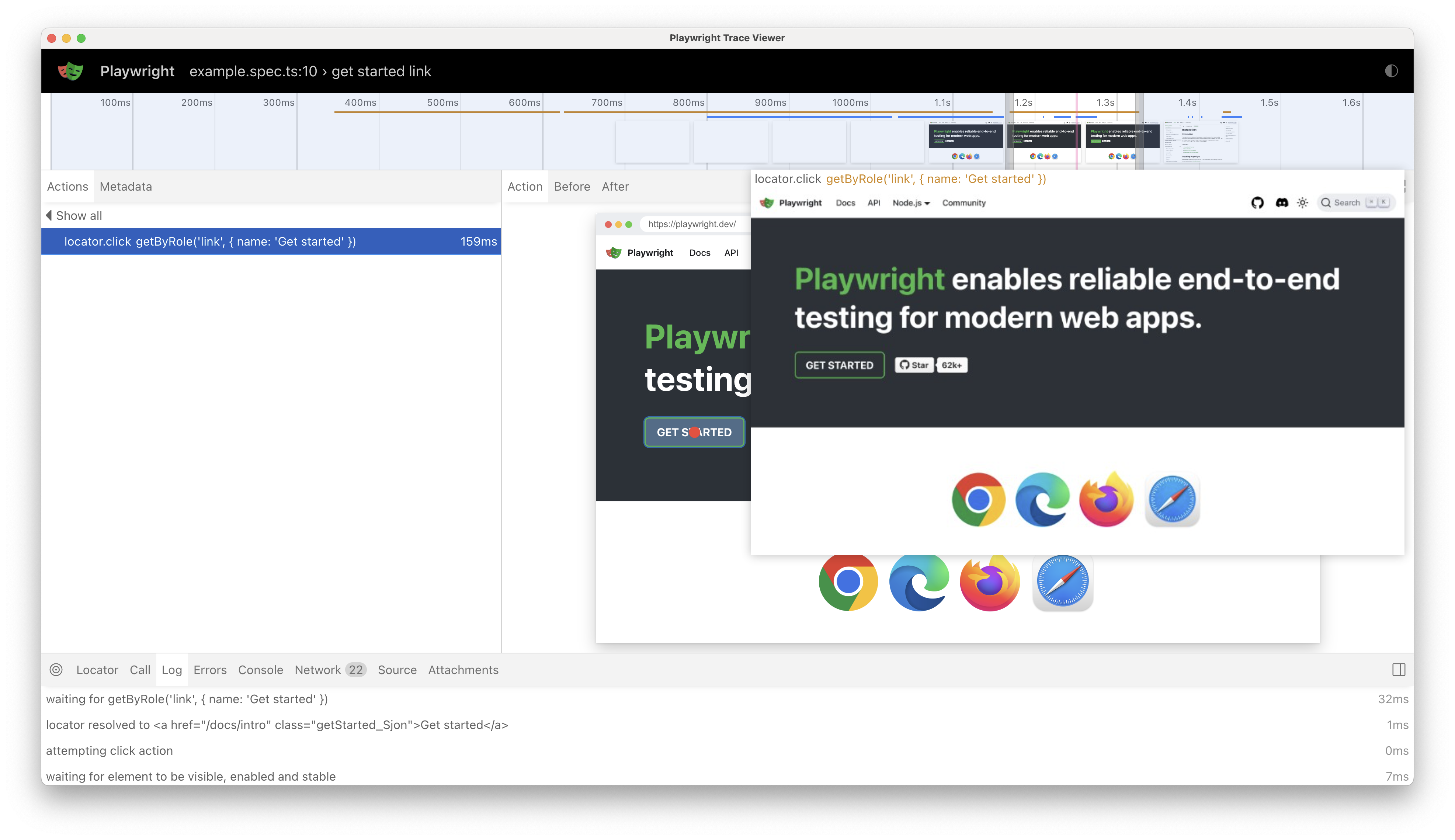 [Trace Viewer] ウィンドウのタイムライン ビューを示すスクリーンショット。