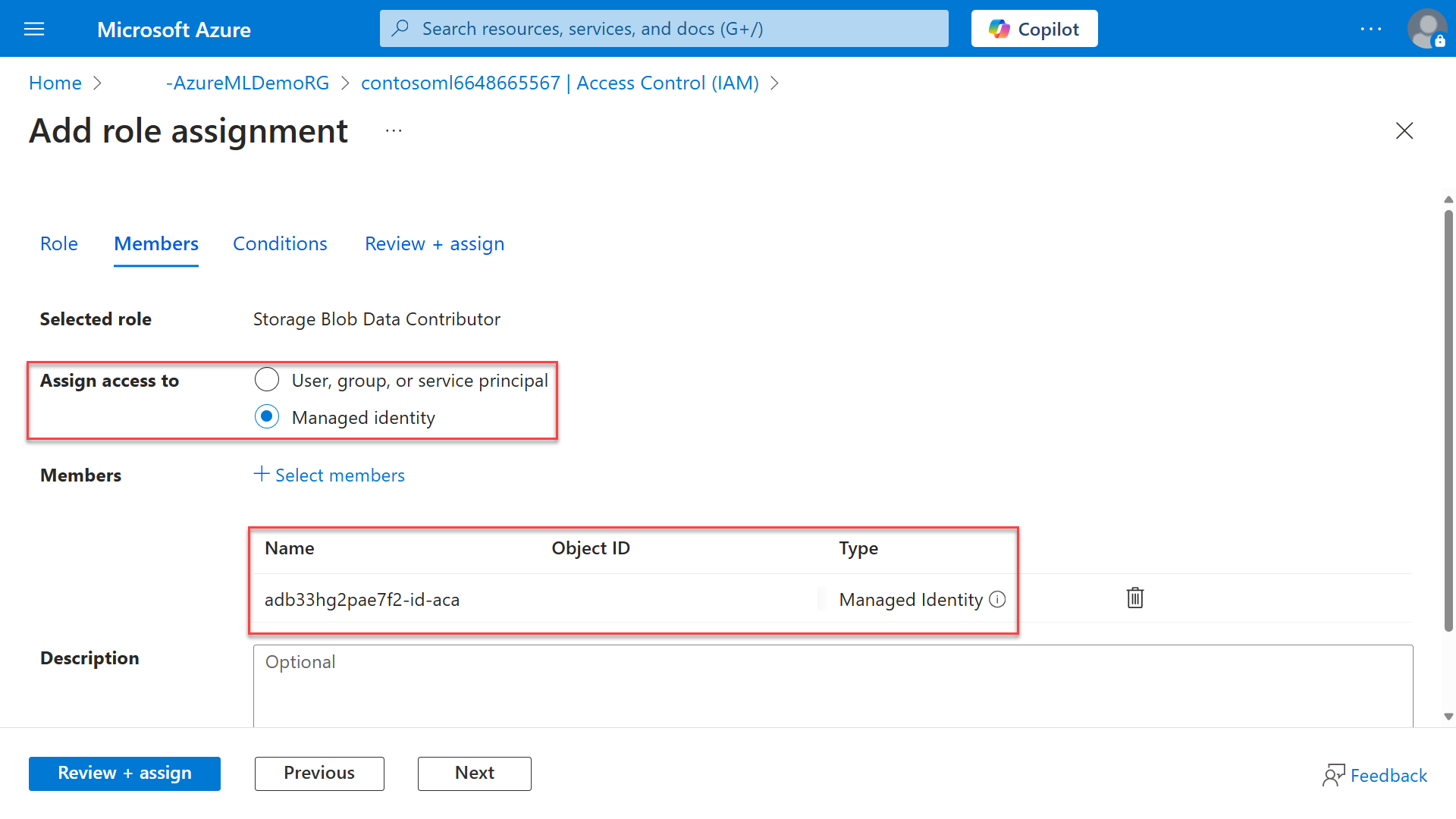 Azure リソースへのマネージド ID アクセスの割り当てのスクリーンショット。