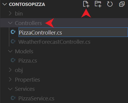 Screenshot of Visual Studio Code that shows adding a new file to the Controllers folder.