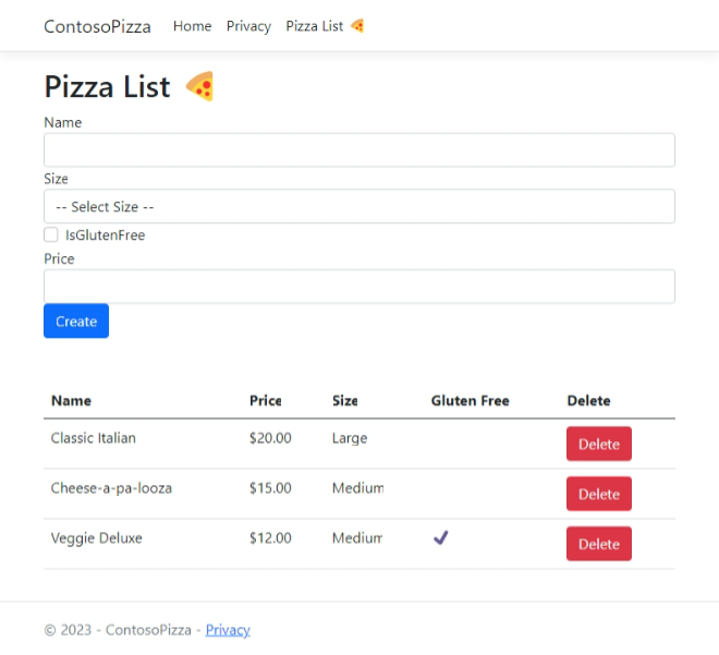 新しいピザ フォームを表示した [ピザ リスト] ページのスクリーンショット。