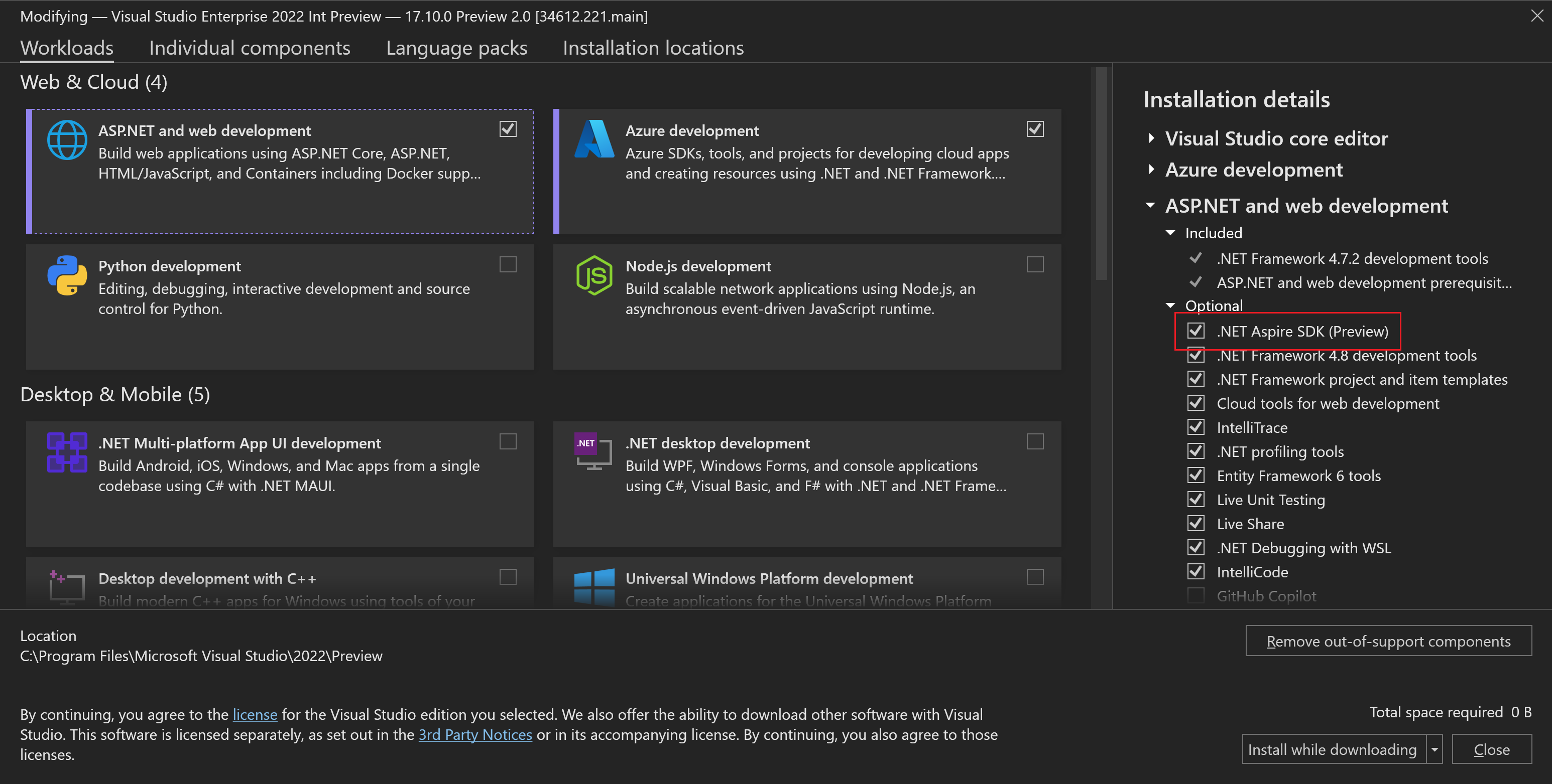 ASP.NET および Web 開発ワークロードの一部として .NET Aspire をインストールできることを示す Visual Studio インストーラーのスクリーンショット。
