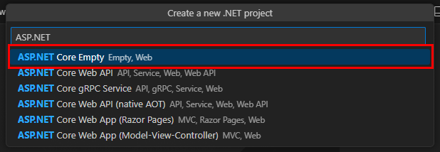 ASP.NET Core Empty が選択されているコマンド パレットのスクリーンショット。