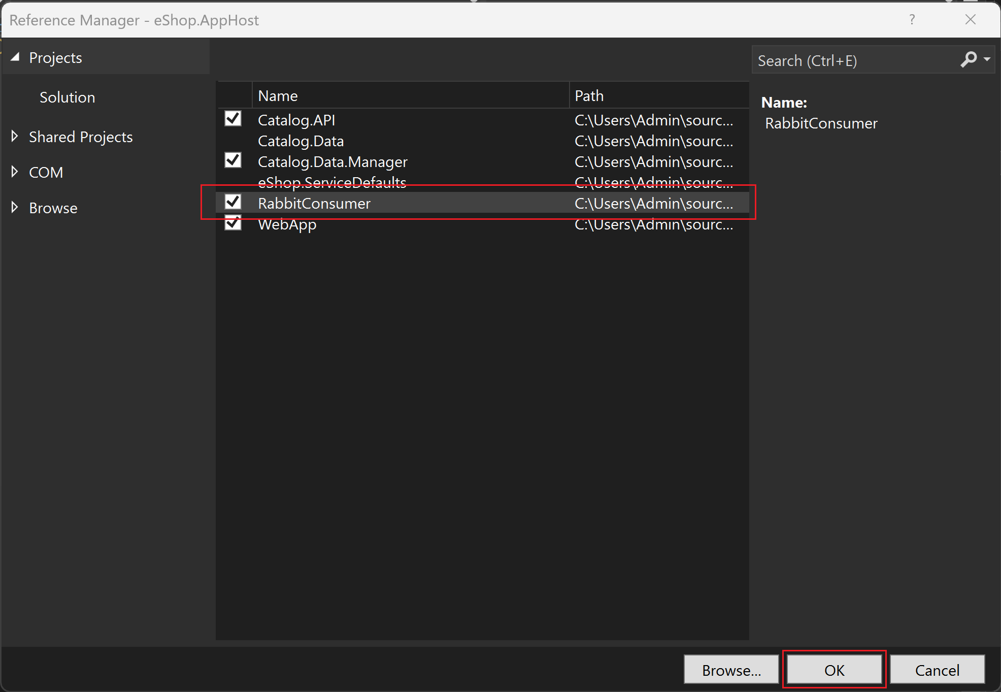 RabbitConsumer プロジェクトを参照する AppHost プロジェクトへの参照を追加する方法を示すスクリーンショット。