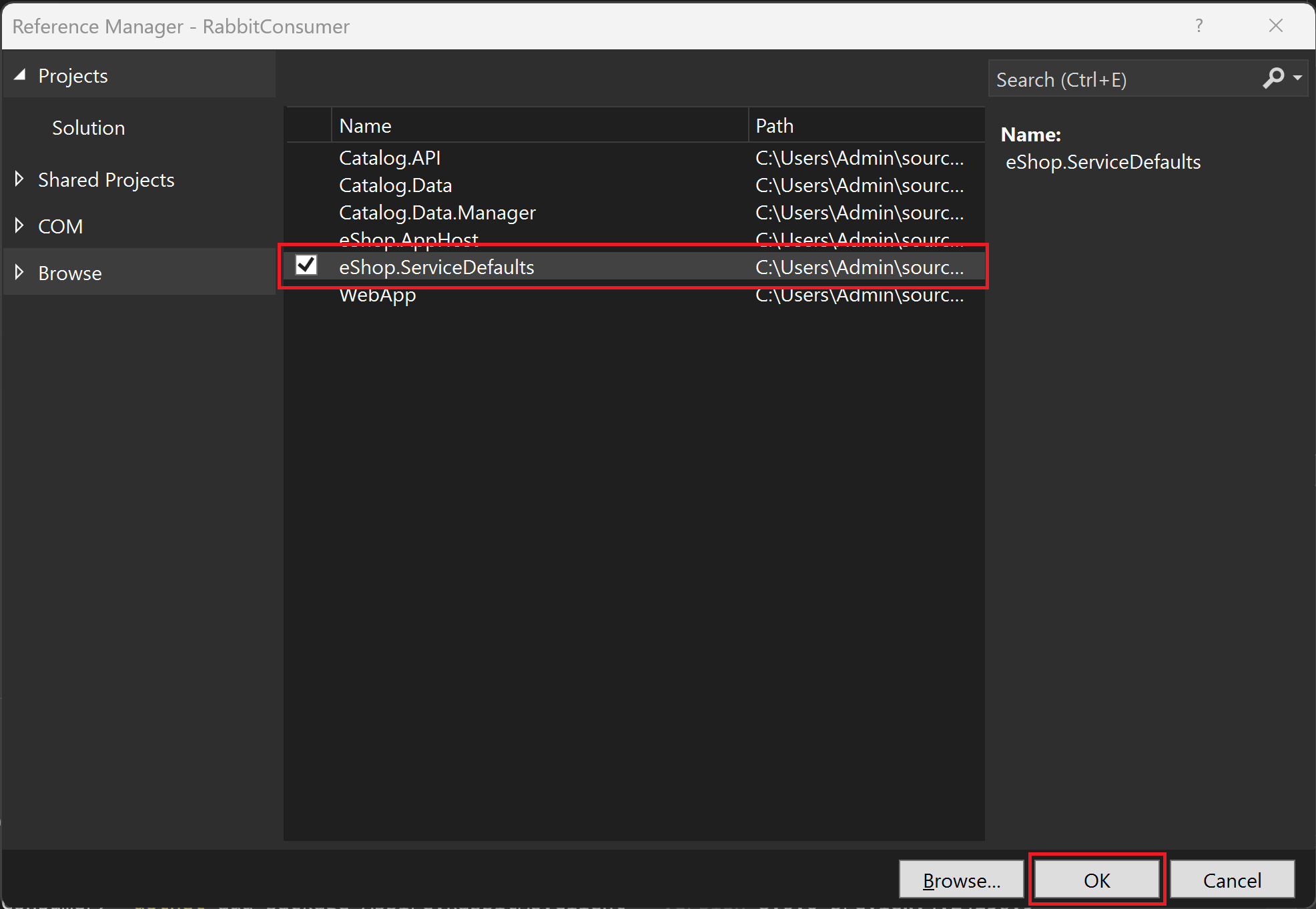 ServiceDefaults プロジェクトを参照する RabbitConsumer プロジェクトへの参照を追加する方法を示すスクリーンショット。