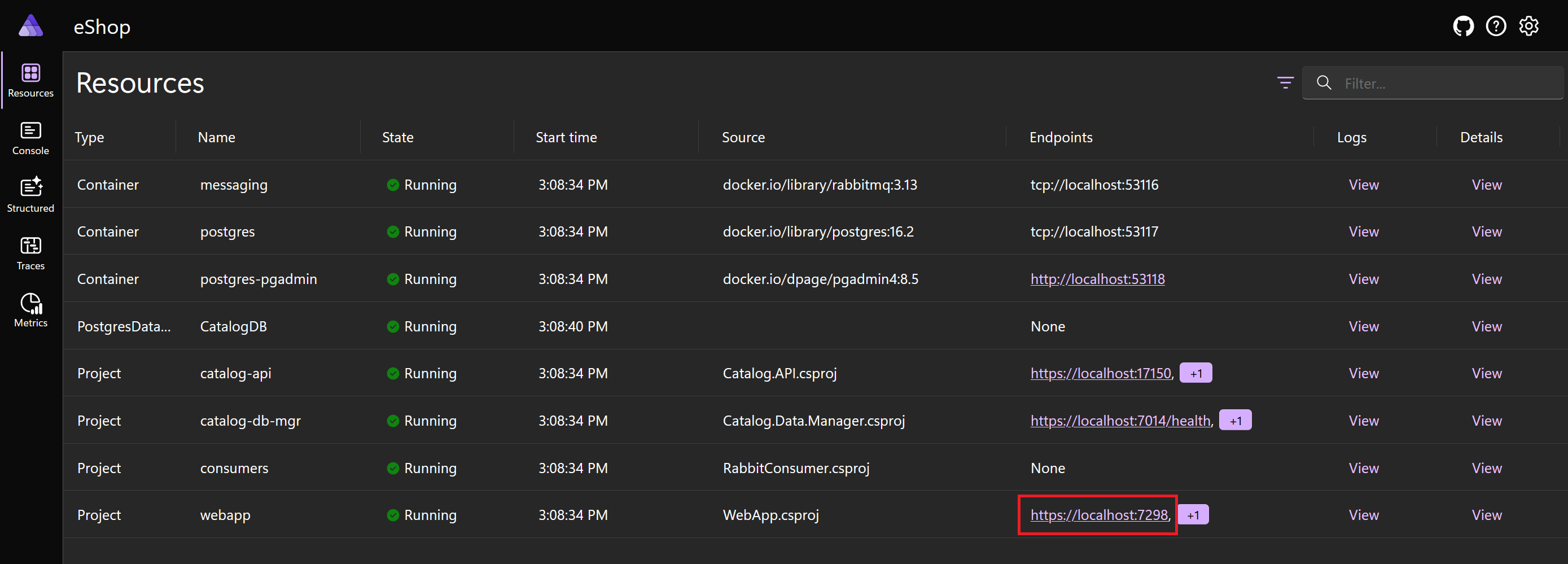 .NET Aspire ダッシュボードから WebApp プロジェクト エンドポイントにアクセスする方法を示すスクリーンショット。
