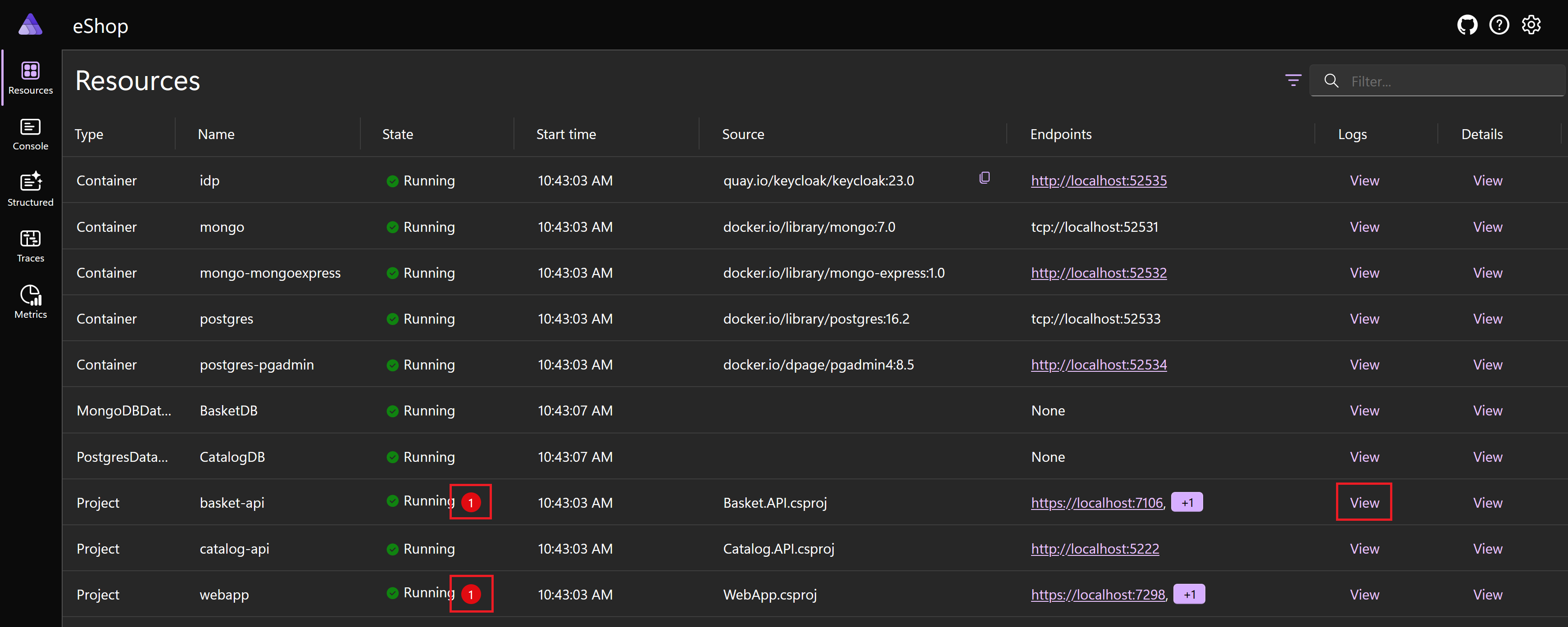ダッシュボードのスクリーンショット。Basket.API と webapp のエラーが強調表示されています。