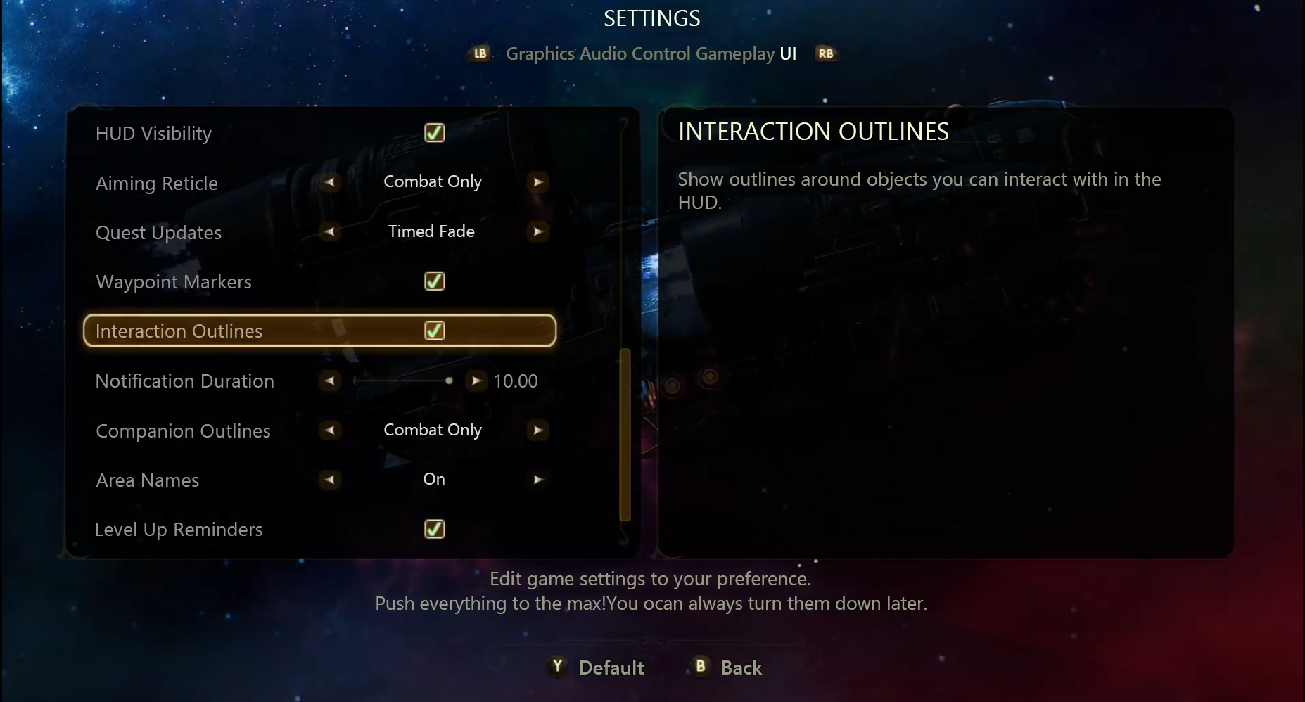 Screenshot that shows the UI settings in The Outer Worlds. The Interaction Outlines checkbox is selected.