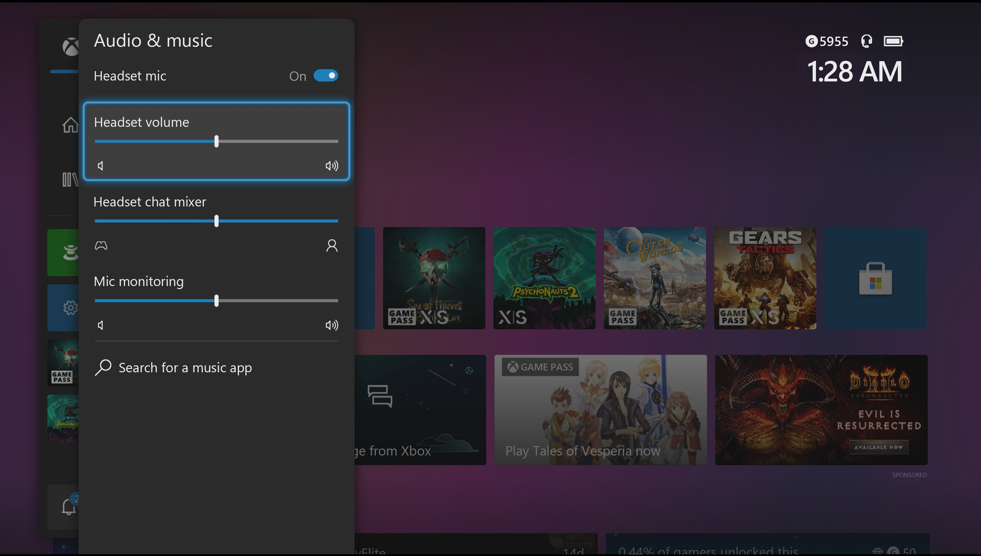 Screenshot that shows the Xbox Audio & music settings panel. The headset volume selector is highlighted.