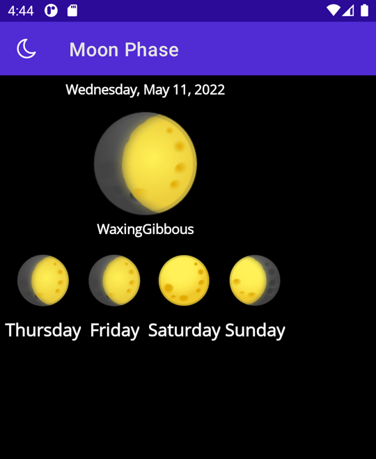 A screenshot of the app running on Android with the moon icon indicating a flyout is available.