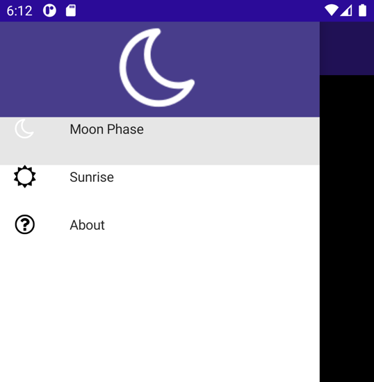Screenshot of the app running with the flyout open, this time there's a header on the flyout with an icon of the moon.