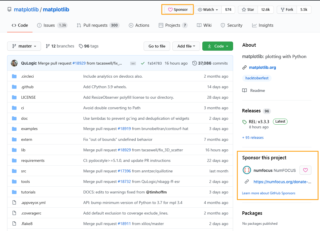 GitHub プロジェクト ページのスポンサー ボックスを示すスクリーンショット。