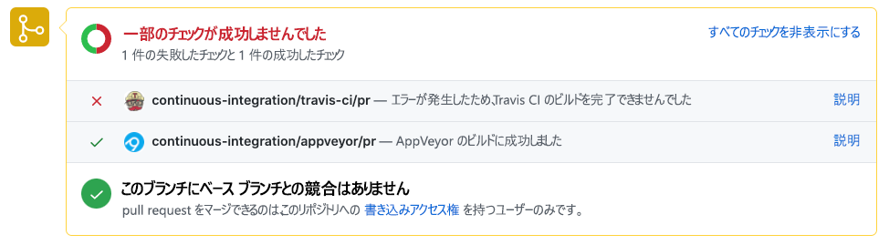 プル要求の状態チェックの結果を示すスクリーンショット。