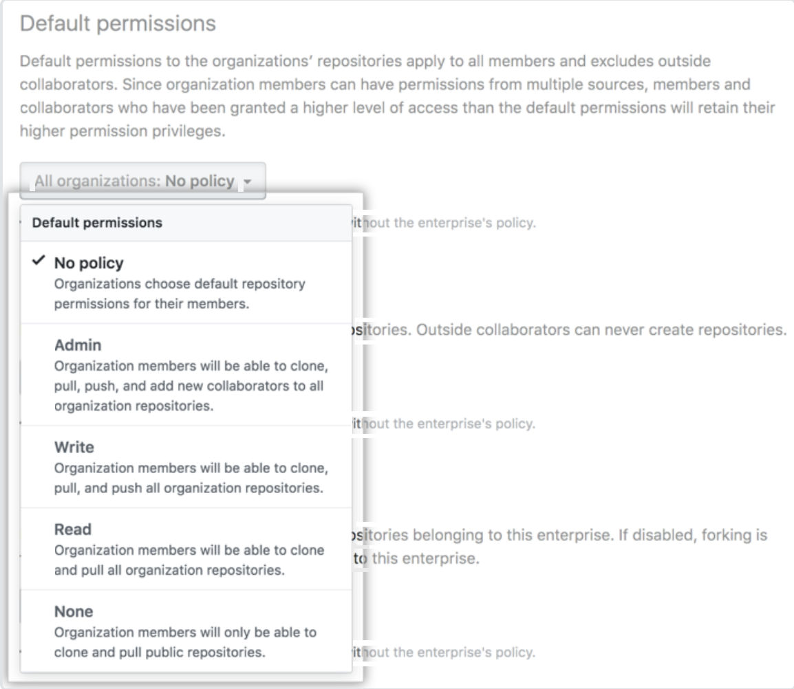 Screenshot of the policies screen with the default permissions dropdown displayed.