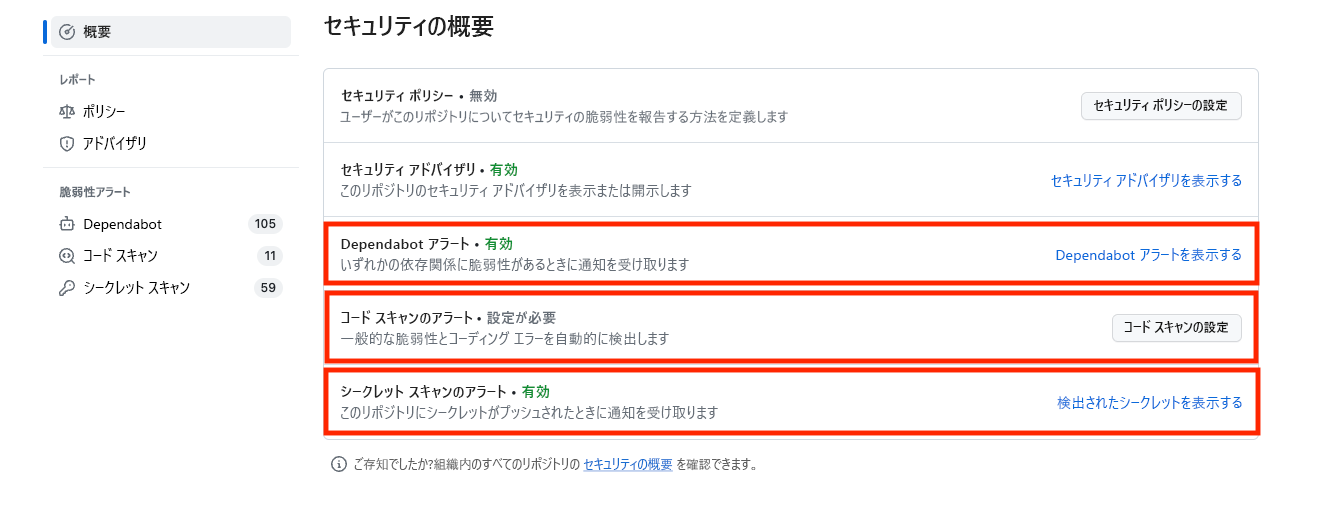 シークレット スキャン、コード スキャン、Dependabot アラートが有効になっているセキュリティ タブ ページの画像。