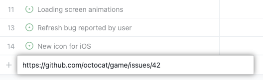 issue の URL の例がプロジェクトに貼り付けられている、リスト ビューのプロジェクトのスクリーンショット。