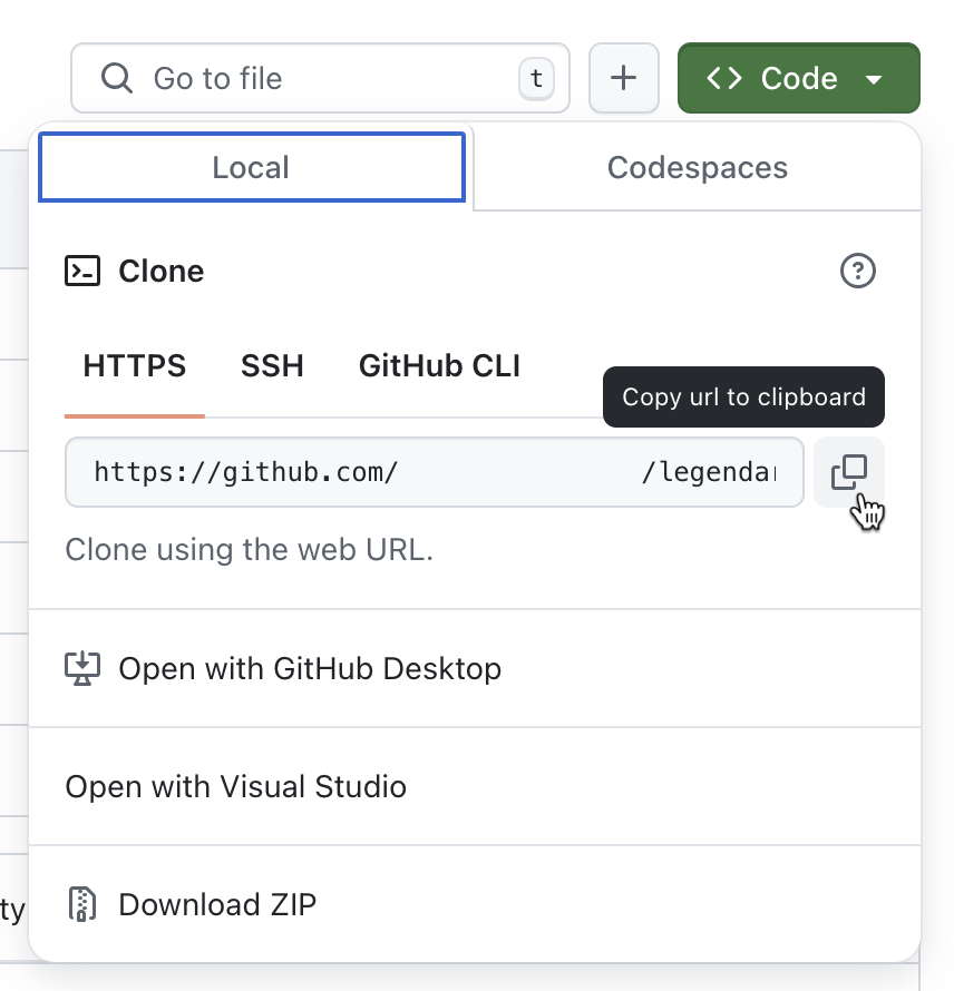 リポジトリ URL をコピーする GitHub のオプションのスクリーンショット。