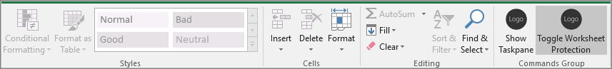 ワークシート保護がオンになっている Excel のリボンのスクリーンショット。