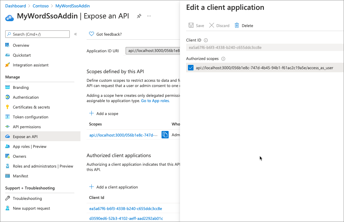 アドイン API にアクセスできる ID と承認されたクライアントを示すスクリーンショット。