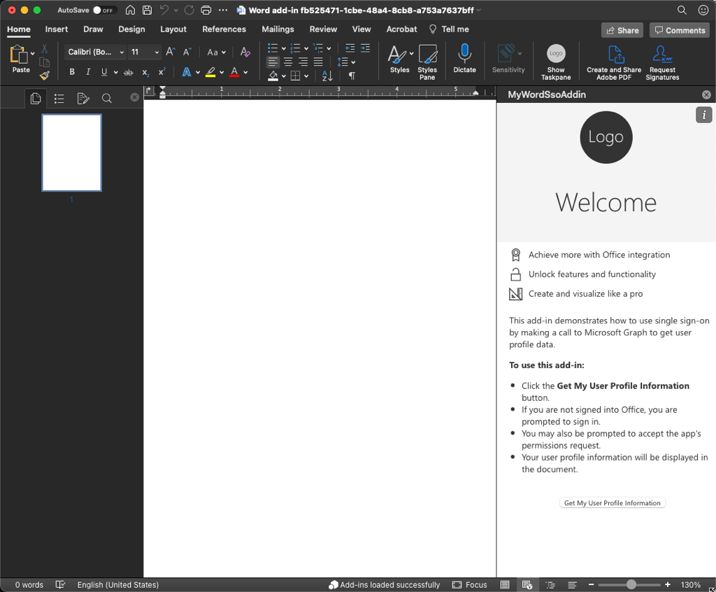 Word のアドインのスクリーンショット。