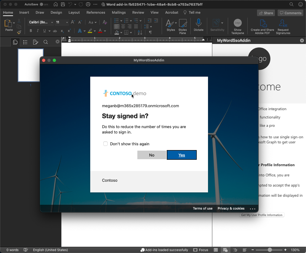 Word でのサインインのスクリーンショット。