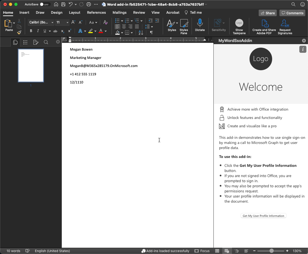 Word で成功したテストのスクリーンショット。