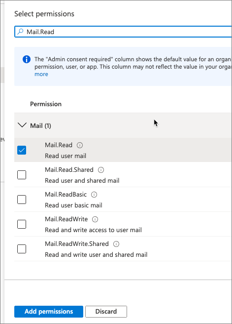 Mail.Read アクセス許可を追加する方法を示すスクリーンショット。