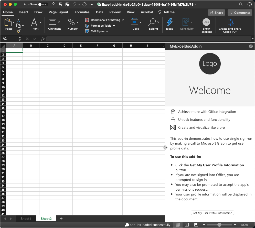 Excel のアドインのスクリーンショット。