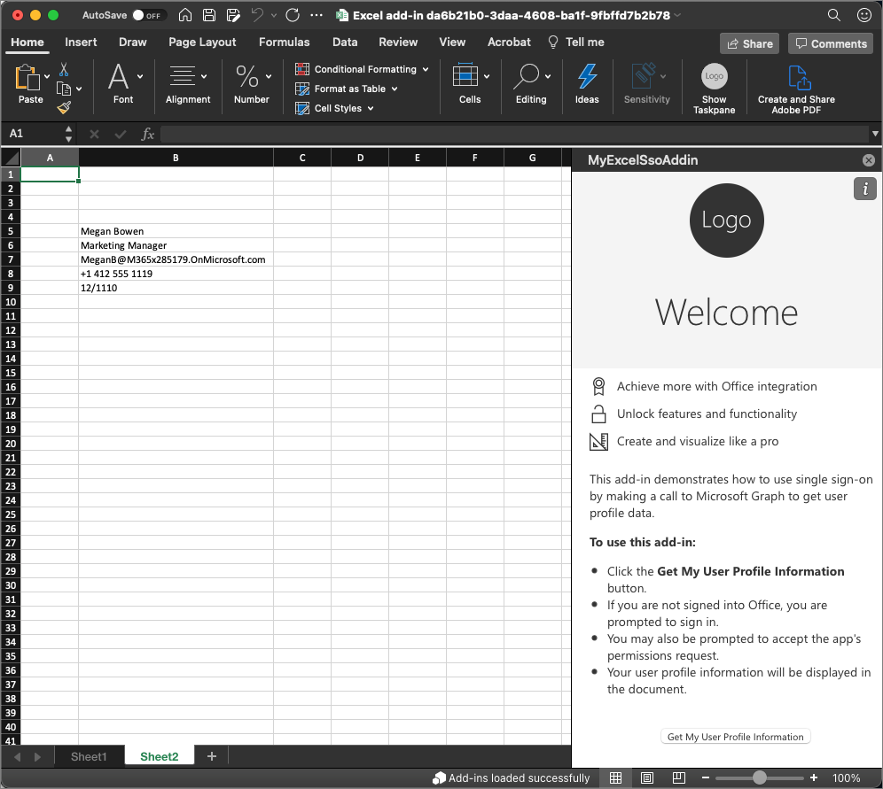 Excel で成功したテストのスクリーンショット。