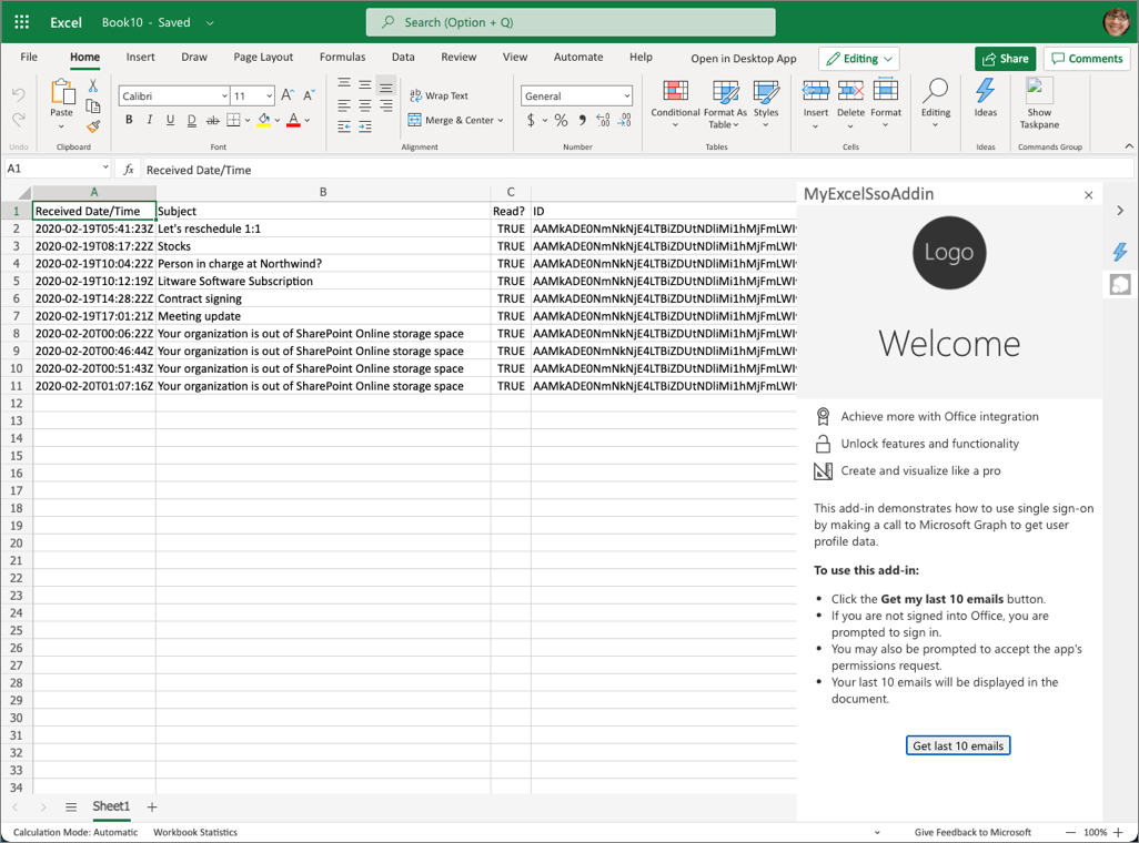 Excel での最終的なアドインのスクリーンショット。